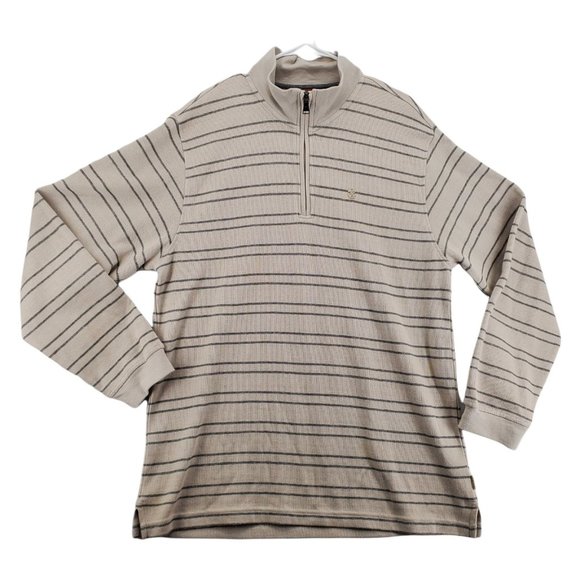 IZOD Sweater Men's Long Sleeve Striped 1/4 Zip Pullover High Neck Tan Large - Picture 1 of 12